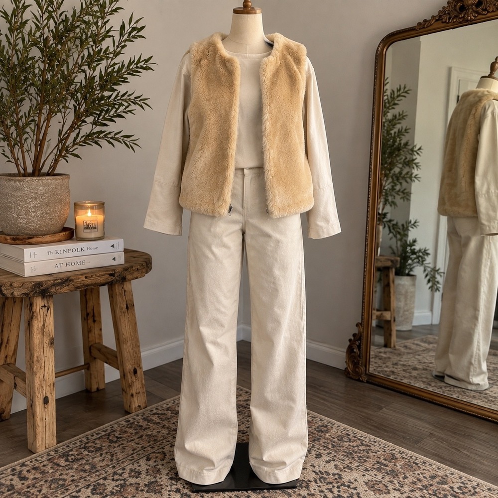 Co & Eddy 3 Piece Set Faux Fur Vest Long Sleeve Top Wide Leg Pants Cream Tan M
